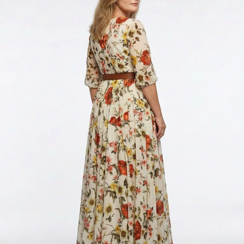 Camlyn | Round Neck Three Quarter Sleeve Belted Maxi Dress