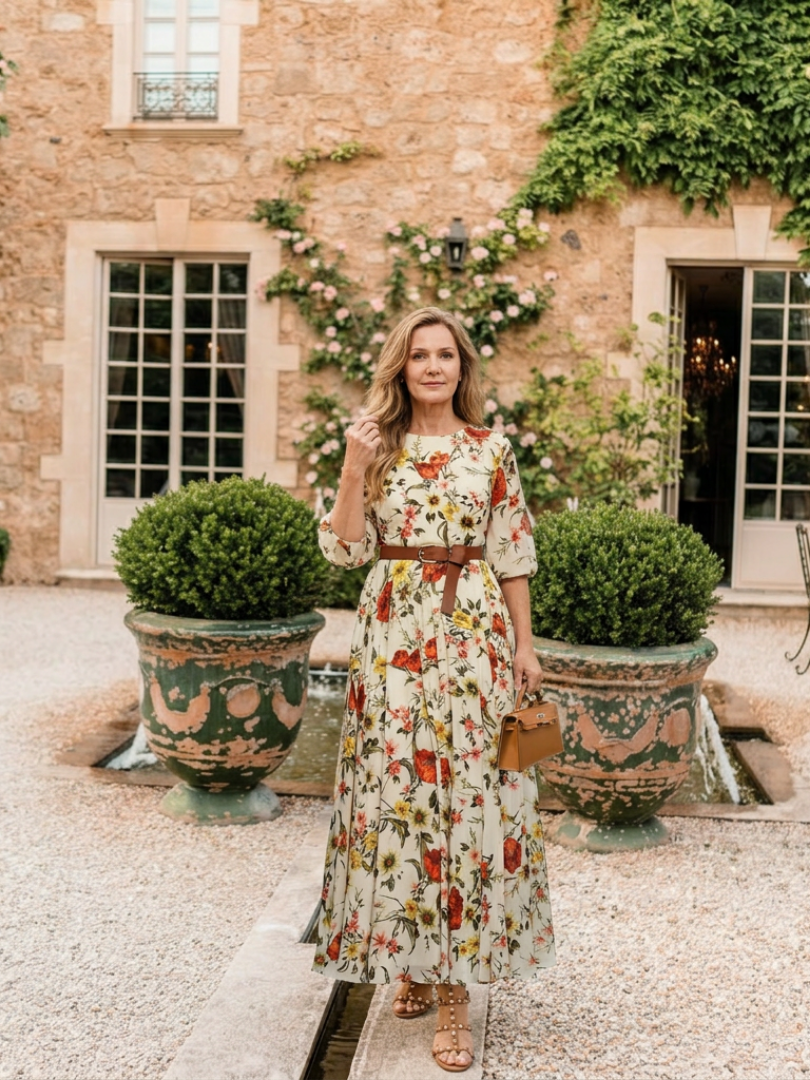Camlyn | Round Neck Three Quarter Sleeve Belted Maxi Dress