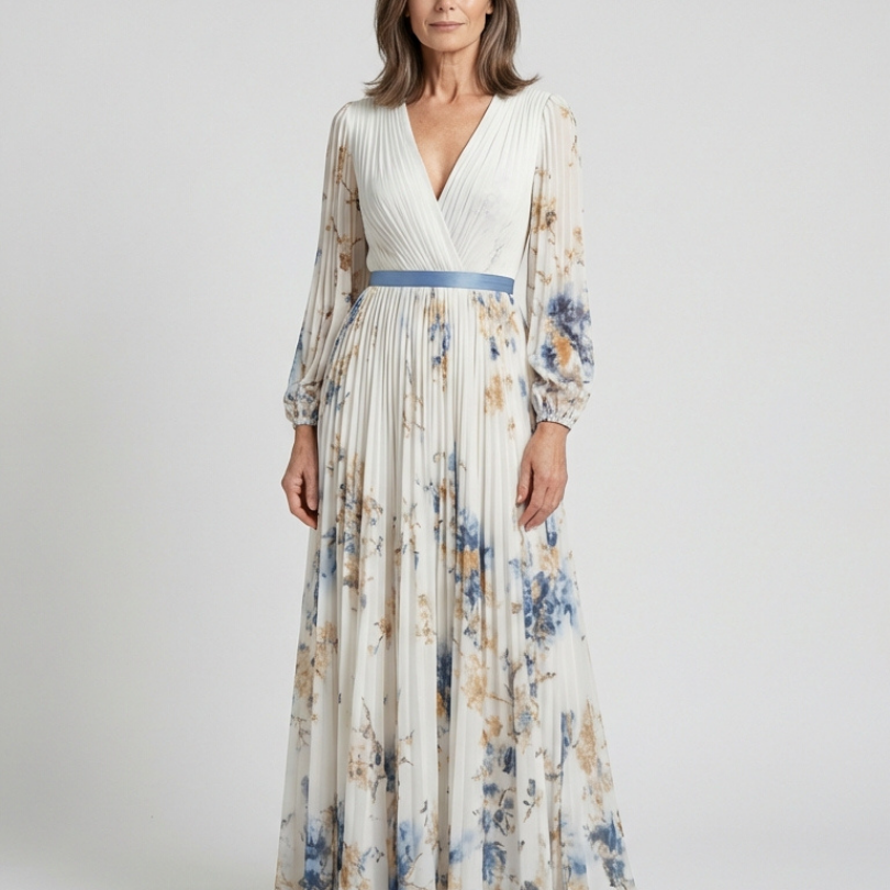 Noramarie | Long Sleeve V Neck Floral Maxi Dress