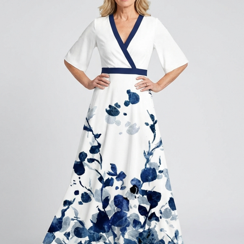 Doretta | V Neck Short Sleeve Floral Maxi Dress