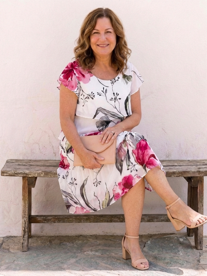 Valvia | Short Sleeve Floral Layered Knee Length Dress