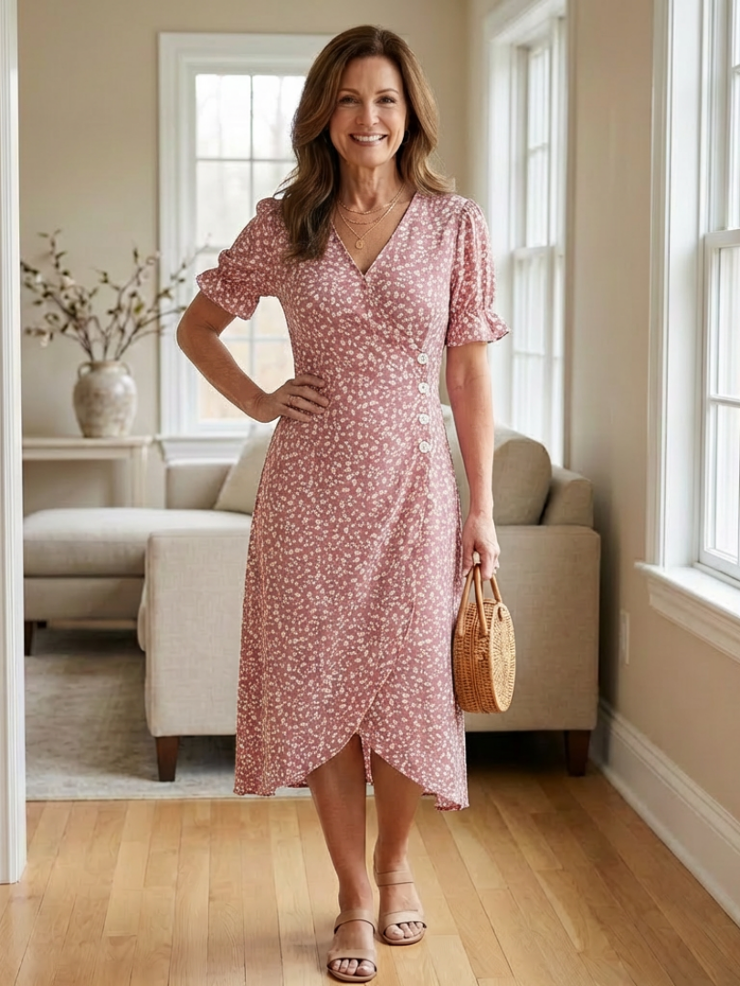 Lialia | Short Sleeve V Neck Floral Midi Dress