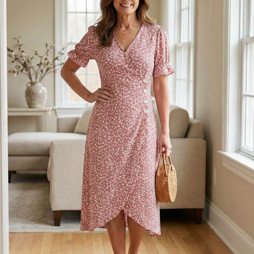 Lialia | Short Sleeve V Neck Floral Midi Dress