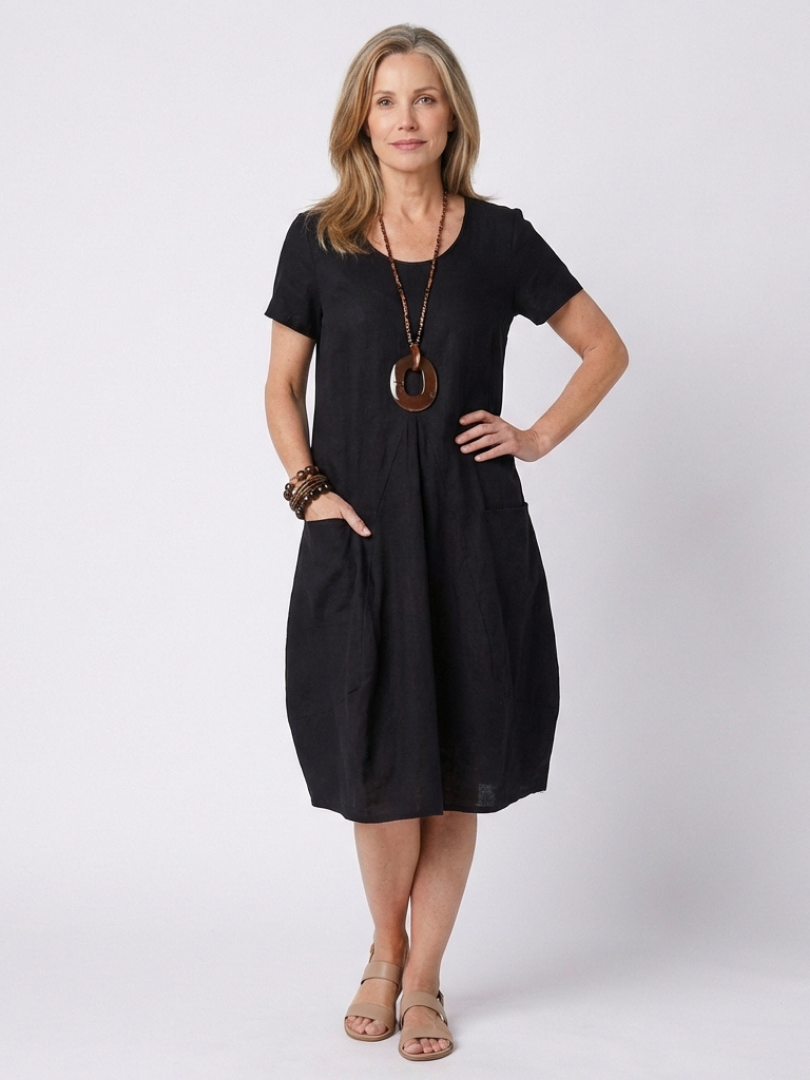 Selna | Short Sleeve Pleated Knee Length Dress