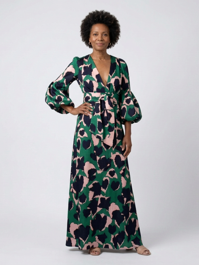 Fleurmarie | V Neck Tie Waist Long Sleeve Maxi Dress