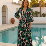 Fleurmarie | V Neck Tie Waist Long Sleeve Maxi Dress