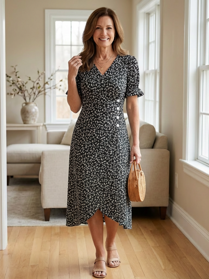 Lialia | Short Sleeve V Neck Floral Midi Dress