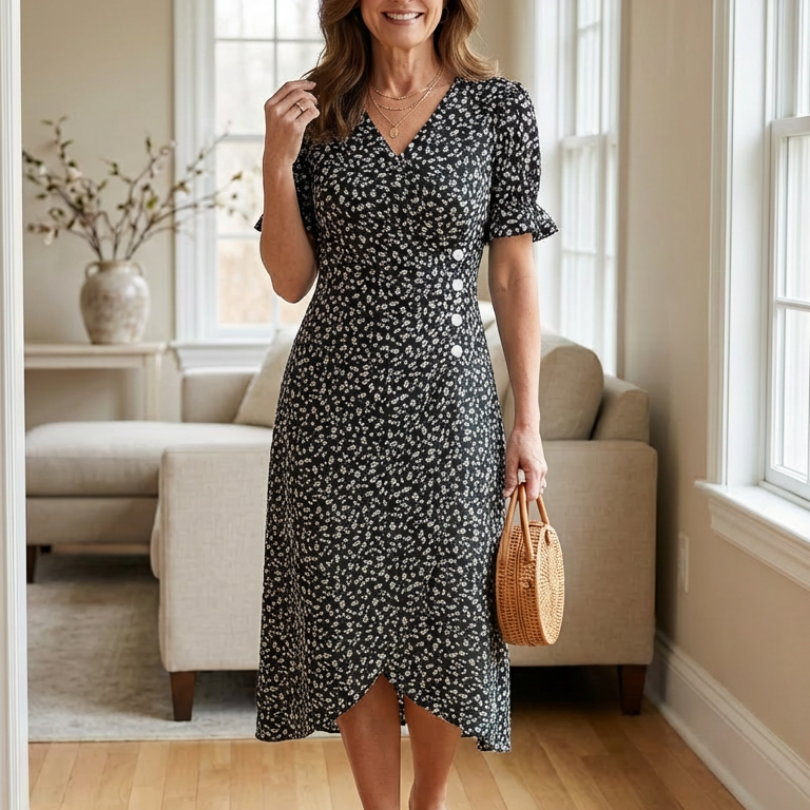 Lialia | Short Sleeve V Neck Floral Midi Dress