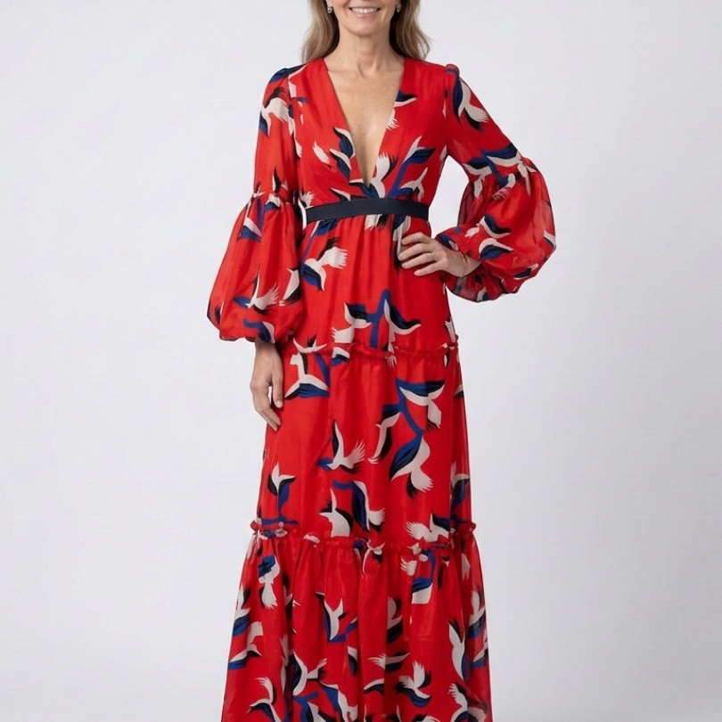 Fleurmarie | V Neck Tie Waist Long Sleeve Maxi Dress