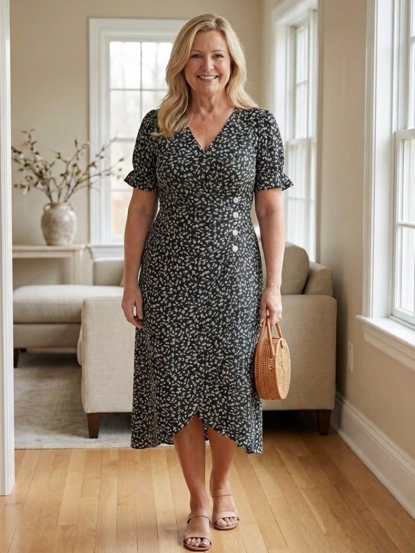 Lialia | Short Sleeve V Neck Floral Midi Dress