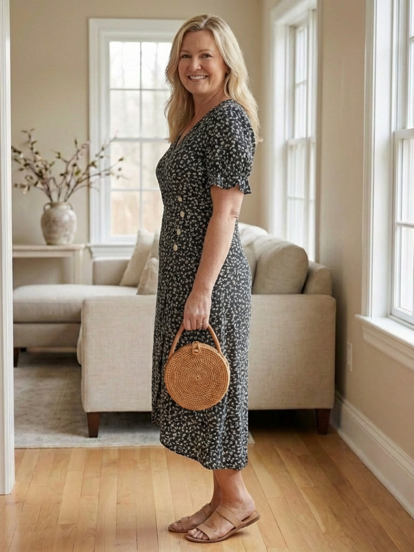Lialia | Short Sleeve V Neck Floral Midi Dress