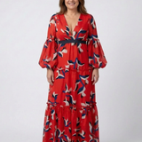Fleurmarie | V Neck Tie Waist Long Sleeve Maxi Dress