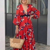 Fleurmarie | V Neck Tie Waist Long Sleeve Maxi Dress