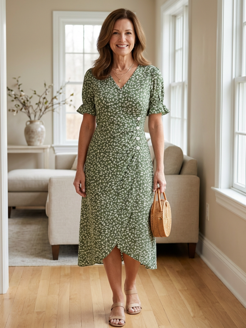 Lialia | Short Sleeve V Neck Floral Midi Dress