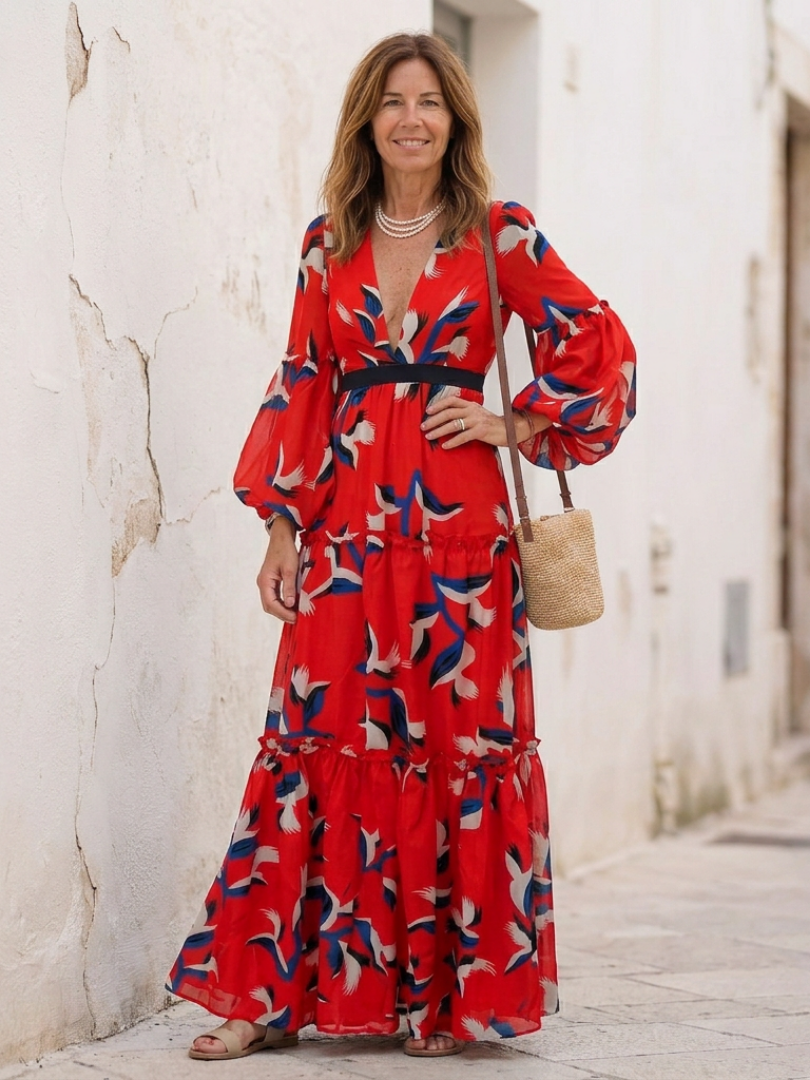 Fleurmarie | V Neck Tie Waist Long Sleeve Maxi Dress