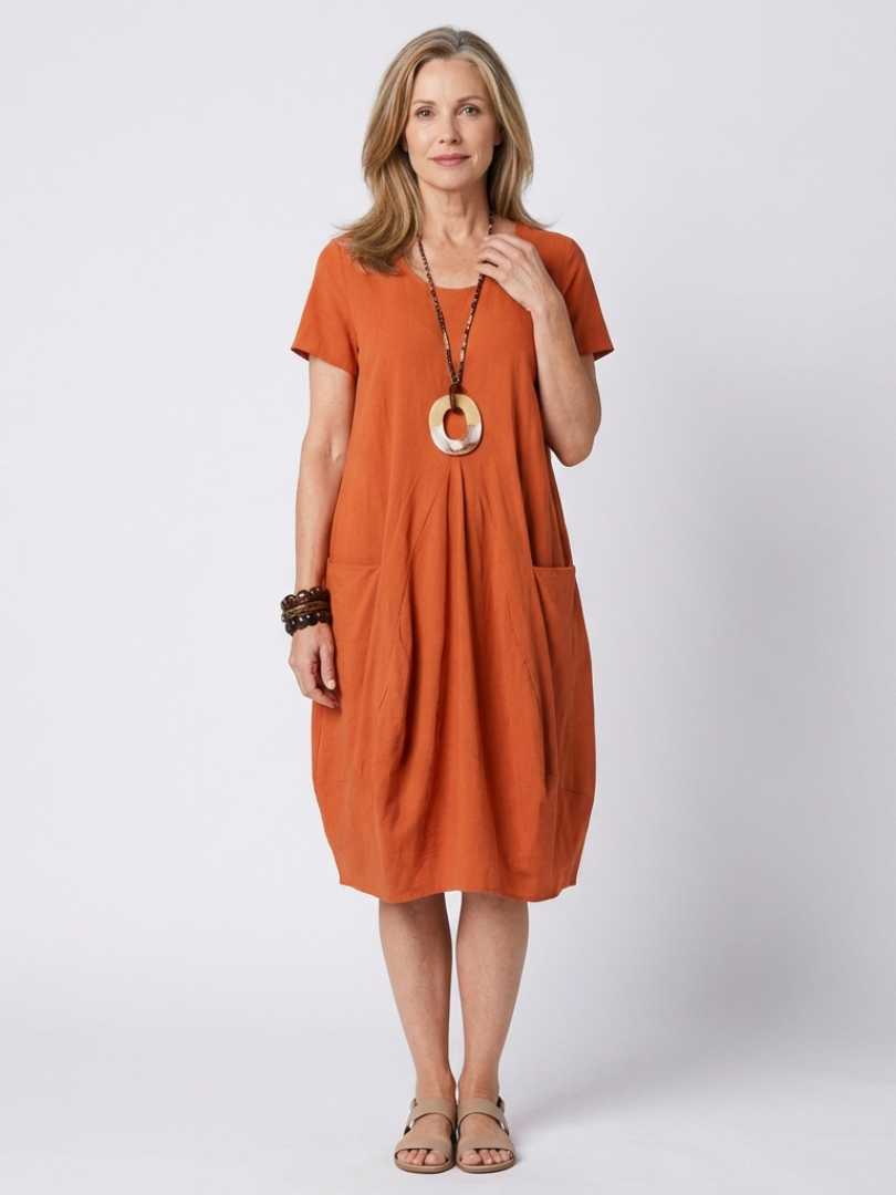 Selna | Short Sleeve Pleated Knee Length Dress