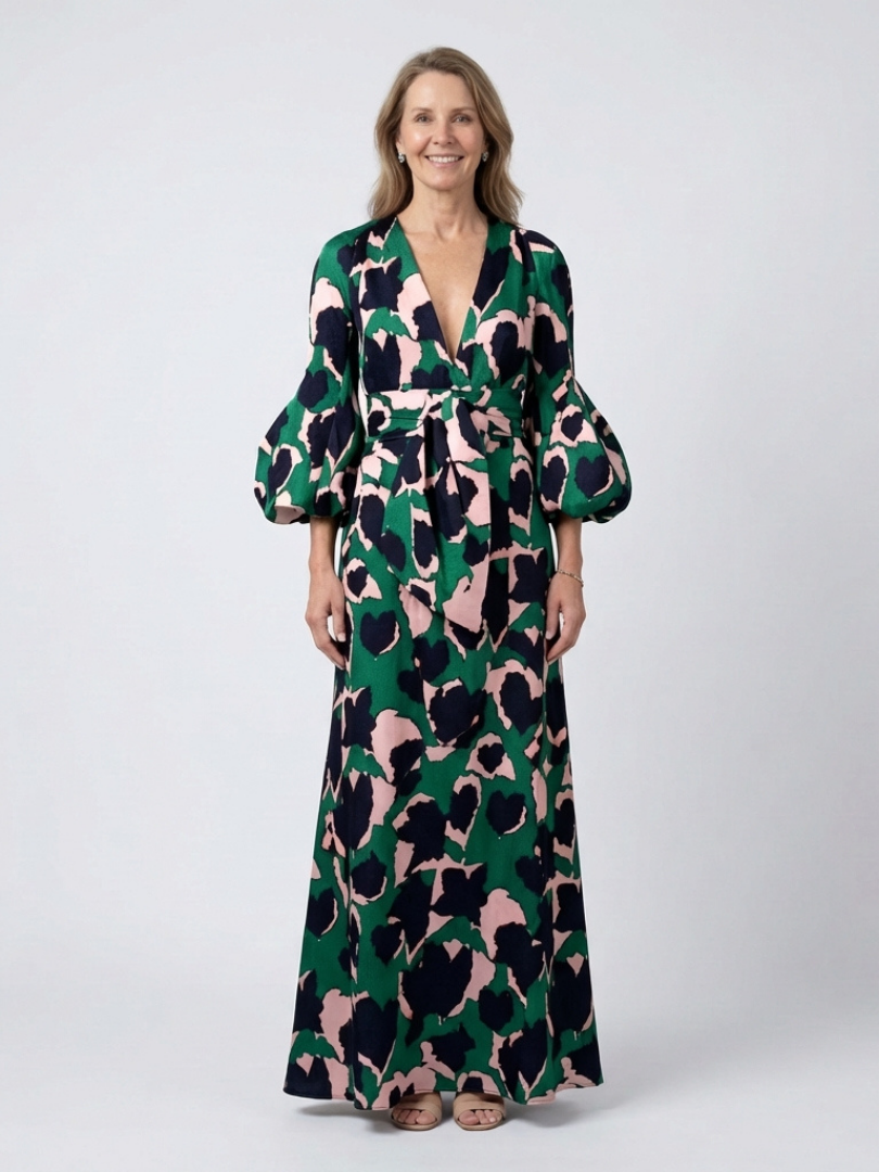 Fleurmarie | V Neck Tie Waist Long Sleeve Maxi Dress