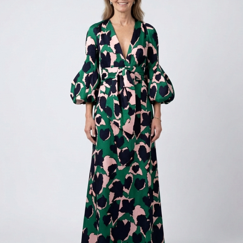 Fleurmarie | V Neck Tie Waist Long Sleeve Maxi Dress
