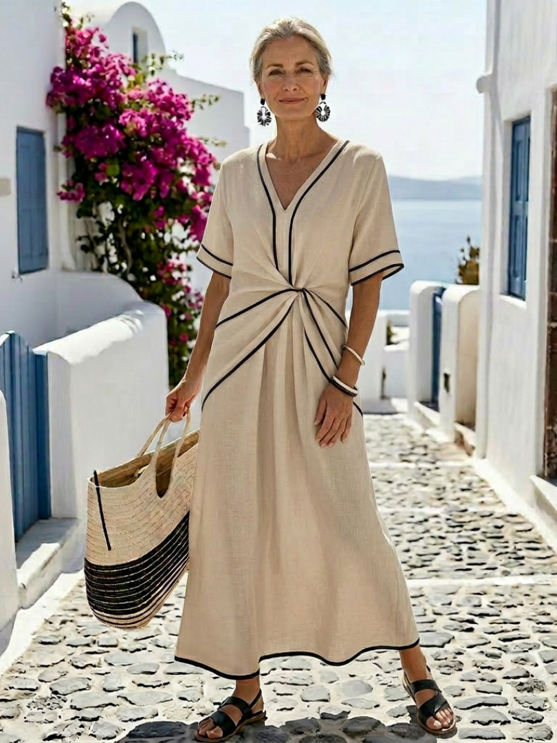 Faedra | V Neck Short Sleeve Gathered Waist Midi Dress
