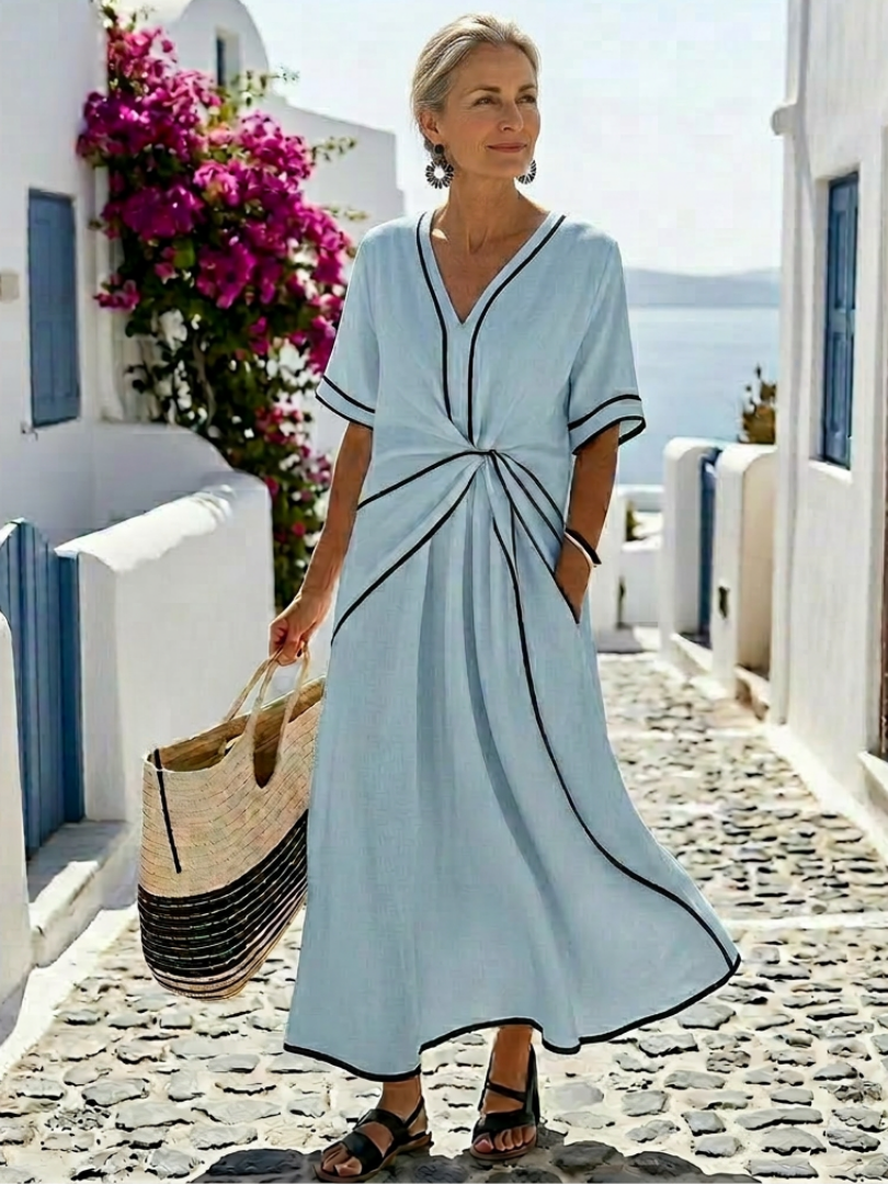 Faedra | V Neck Short Sleeve Gathered Waist Midi Dress