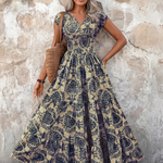 Normarie | Cap Sleeve V Neck Bohemian Maxi Dress