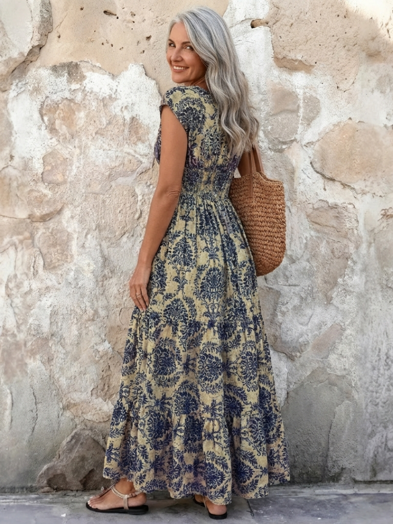 Normarie | Cap Sleeve V Neck Bohemian Maxi Dress