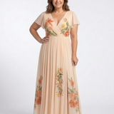 Briandra | V Neck Short Sleeve Pleated Floral Maxi Dress