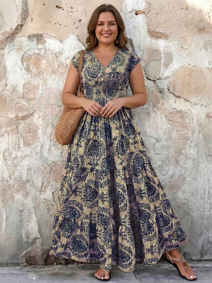 Normarie | Cap Sleeve V Neck Bohemian Maxi Dress