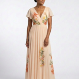 Briandra | V Neck Short Sleeve Pleated Floral Maxi Dress