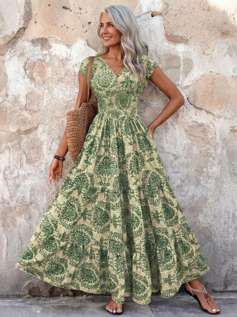 Normarie | Cap Sleeve V Neck Bohemian Maxi Dress