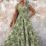 Normarie | Cap Sleeve V Neck Bohemian Maxi Dress