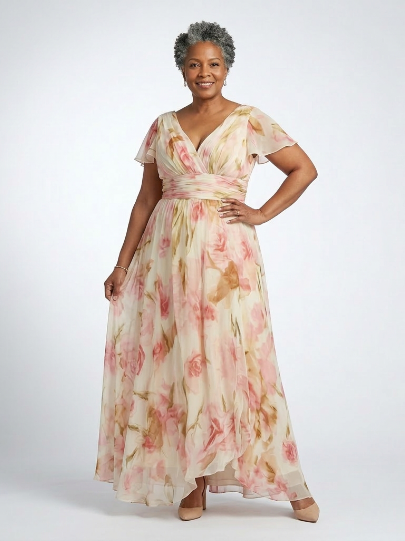 Wrennadra | V Neck Short Sleeve Floral Maxi Dress