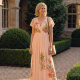 Briandra | V Neck Short Sleeve Pleated Floral Maxi Dress