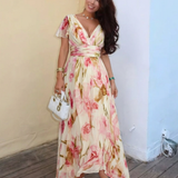 Wrennadra | V Neck Short Sleeve Floral Maxi Dress