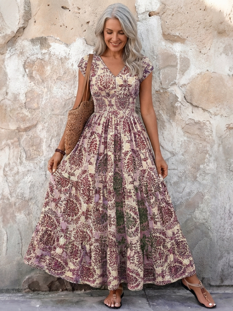 Normarie | Cap Sleeve V Neck Bohemian Maxi Dress