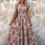 Normarie | Cap Sleeve V Neck Bohemian Maxi Dress