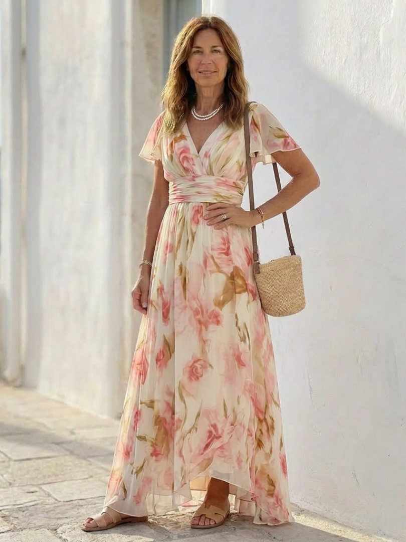 Wrennadra | V Neck Short Sleeve Floral Maxi Dress