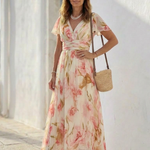 Wrennadra | V Neck Short Sleeve Floral Maxi Dress