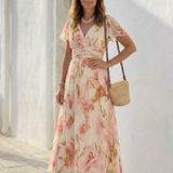 Wrennadra | V Neck Short Sleeve Floral Maxi Dress