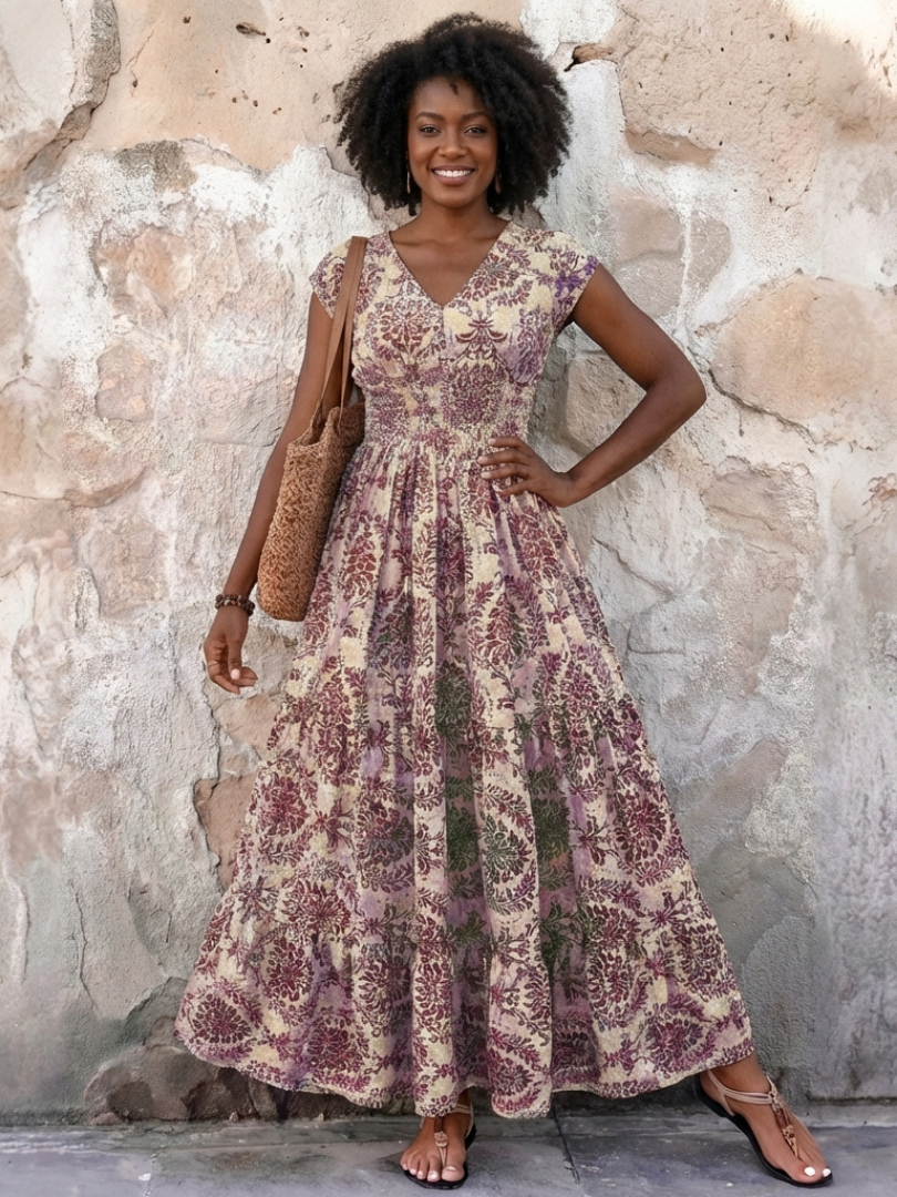 Normarie | Cap Sleeve V Neck Bohemian Maxi Dress
