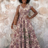 Normarie | Cap Sleeve V Neck Bohemian Maxi Dress