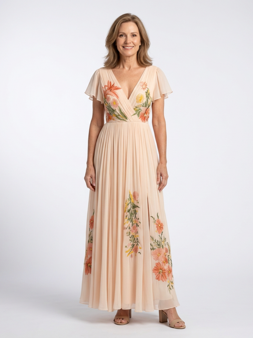 Briandra | V Neck Short Sleeve Pleated Floral Maxi Dress