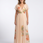 Briandra | V Neck Short Sleeve Pleated Floral Maxi Dress