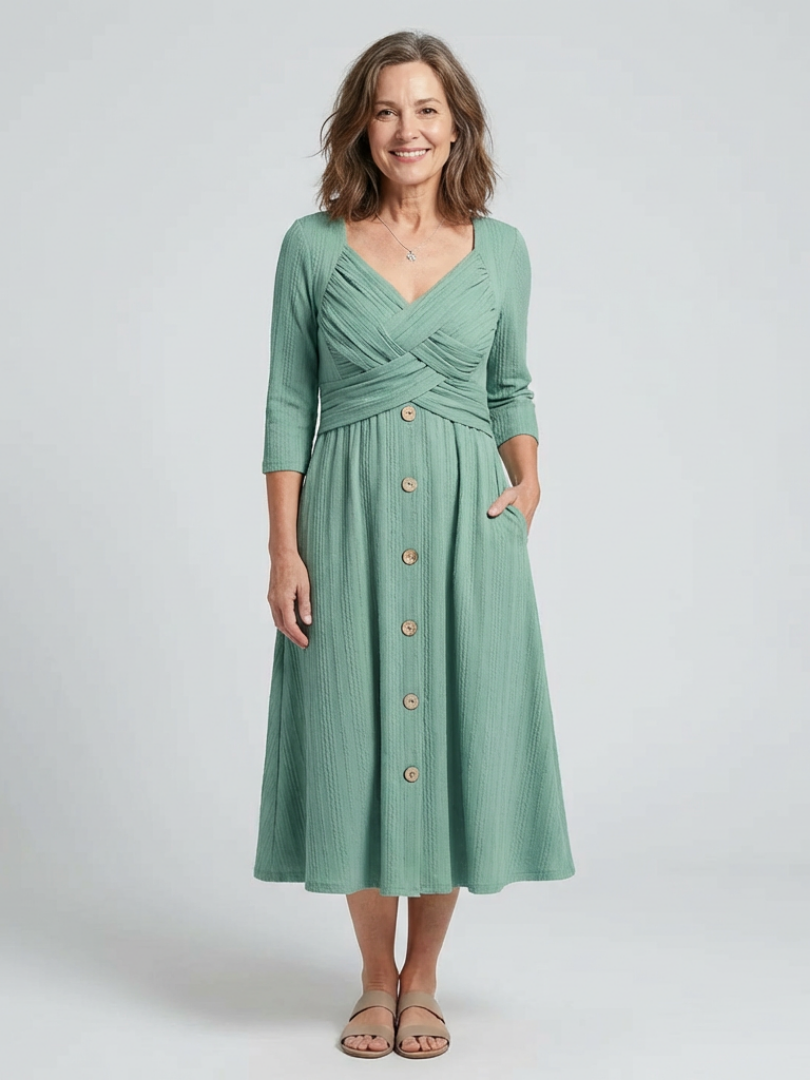 Halwynne | Cross Pleated V Neck Button Front Midi Dress