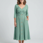 Halwynne | Cross Pleated V Neck Button Front Midi Dress