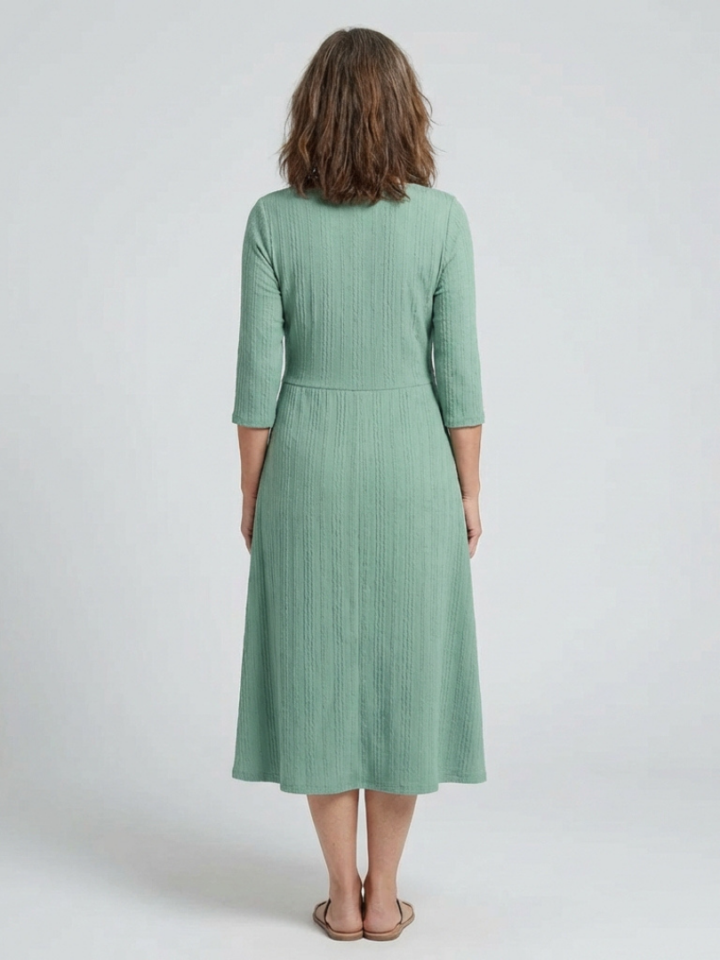 Halwynne | Cross Pleated V Neck Button Front Midi Dress