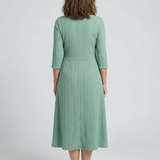 Halwynne | Cross Pleated V Neck Button Front Midi Dress