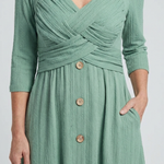 Halwynne | Cross Pleated V Neck Button Front Midi Dress