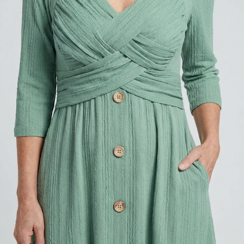 Halwynne | Cross Pleated V Neck Button Front Midi Dress