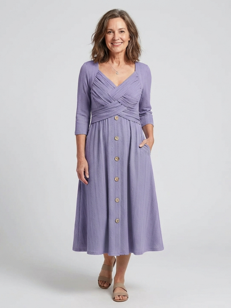 Halwynne | Cross Pleated V Neck Button Front Midi Dress